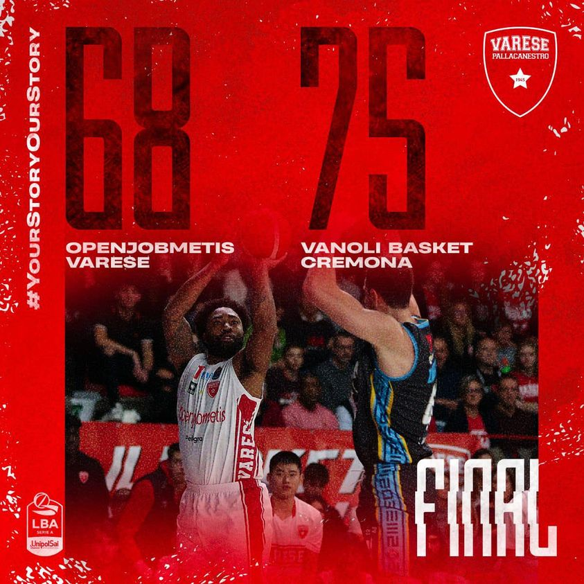 PallVarese's tweet photo. La #Openjobmetis cede in casa contro Cremona. Prossimo appuntamento casalingo mercoledì 13/12 in FIBA Europe Cup contro ZZ Leiden.
#VarCre #NoiSiamoVarese #YourStoryOurStory https://t.co/D3Ps0fM0fQ