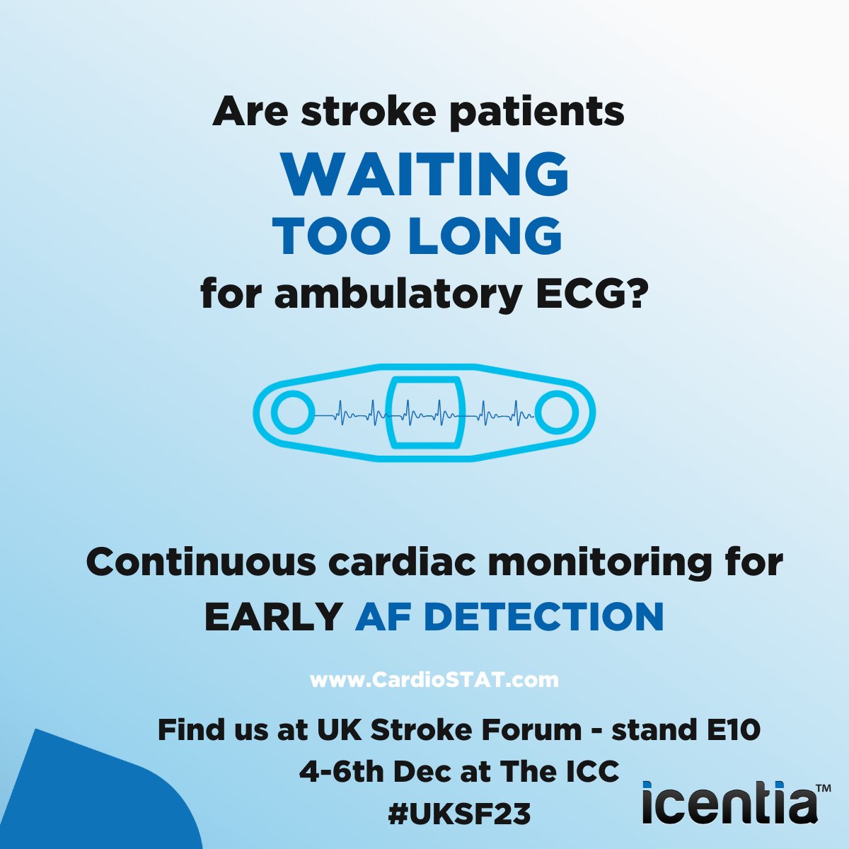 IcentiaUK's tweet photo. We're set up - ready to meet delegates at the UK Stroke Forum in the morning - asking the question 'Are stroke patients waiting too long for their cardiac monitoring?' 

Come &amp; talk to us on stand E10 #SF23 #strokeprevention #detectAF #Afib #holtermonitoring #stroke #silentAF https://t.co/rTRw21o6VZ
