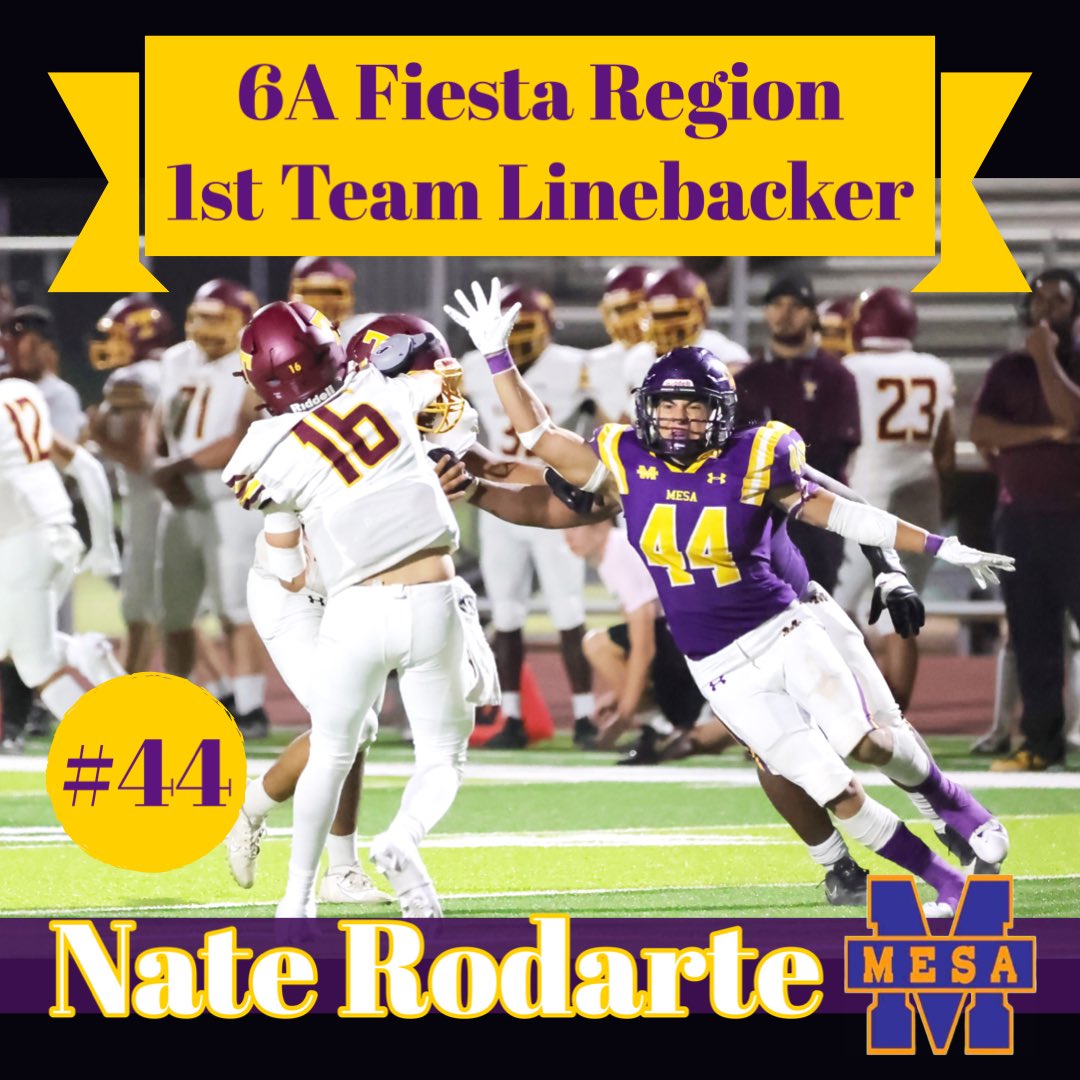 Mesa_FB's tweet photo. Congats to @Rodarte44 on being named first team Fiesta Region Linebacker. He was seen all over the field on defense with 140 tackles. He was also an Ed Doherty nominee. #BAM #CarryOn @MesaHSathletics @CoachKlecka @CoachSheridanAZ https://t.co/aKhoFVdWdd