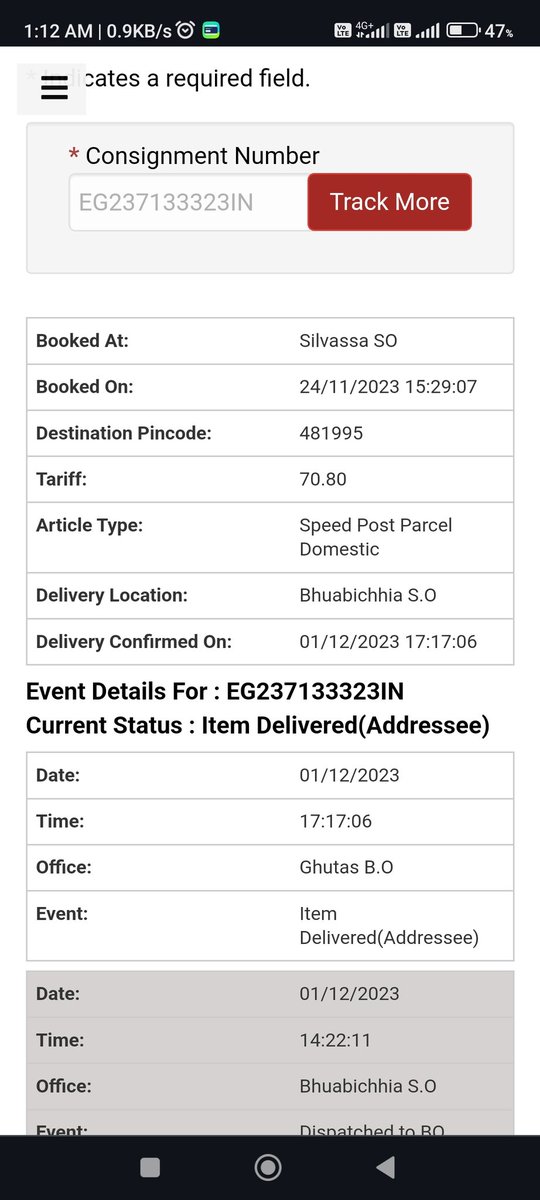 <a href="/IndiaPostOffice/">India Post</a> <a href="/AshwiniVaishnaw/">Ashwini Vaishnaw</a> <a href="/devusinh/">Devusinh Chauhan</a> <a href="/AmritMahotsav/">Amrit Mahotsav</a> <a href="/mygovindia/">MyGovIndia</a> <a href="/PIB_India/">PIB India</a> <a href="/DDNewslive/">DD News</a> <a href="/airnewsalerts/">All India Radio News</a> महोदय जी, मेरी डाक EG237133323IN मुझे अभी तक नहीं मिली। मेरी डाक कब मिलेगी ? और आपके कर्मचारी डाक को घर तक देने भी नहीं आते हैं। डाक रिसीव करने के लिए गांव के पोस्ट ऑफिस में बुलवाते हैं।
EG237133323IN