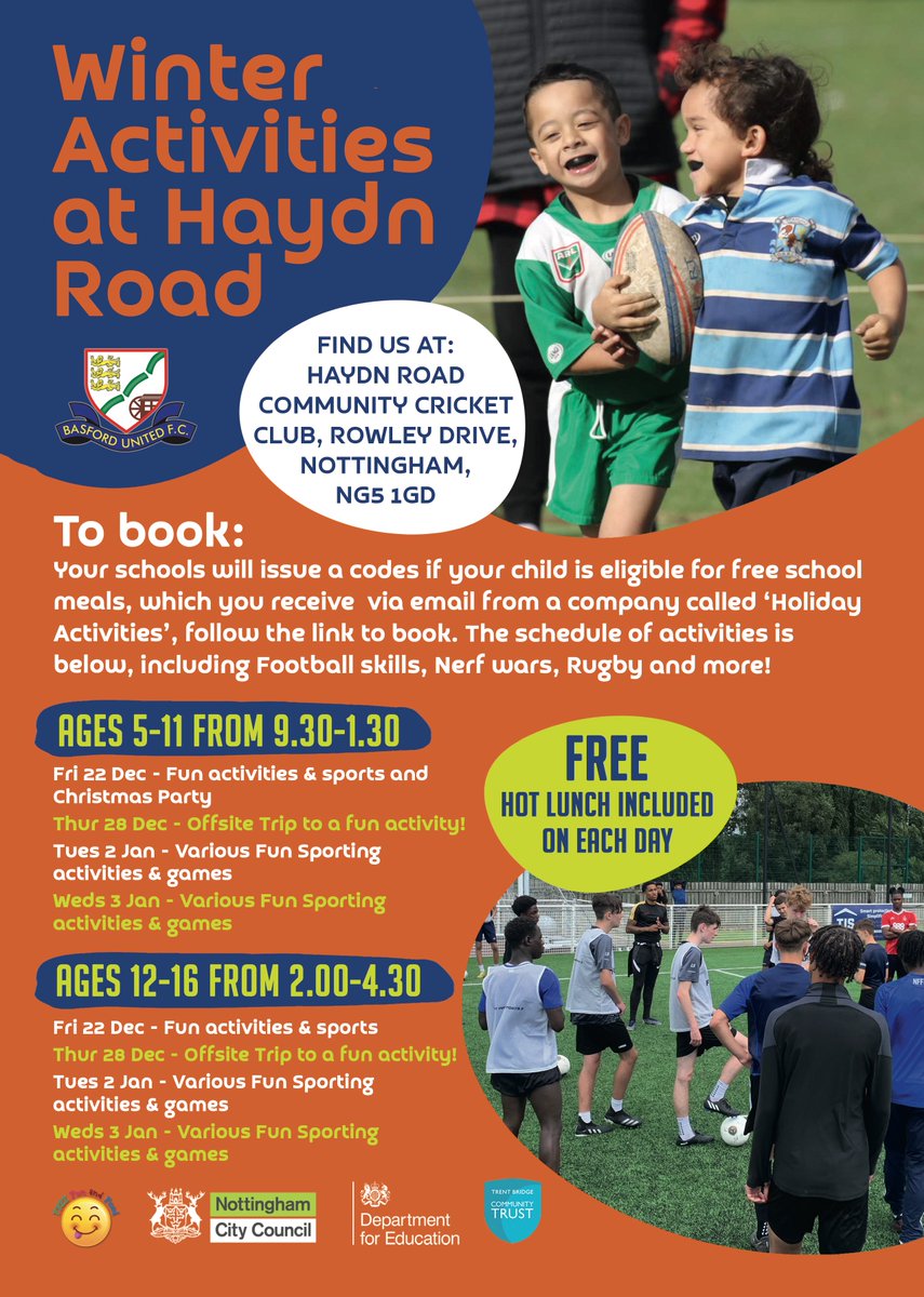Over the festive period, we will be hosting our popular sports camps across two sites for 5-16 year olds who benefit from free school meals! 💛

Football, nerf wars, rugby and even a Christmas Party, all with a hot lunch provided every day. Further details on how to book. 👇