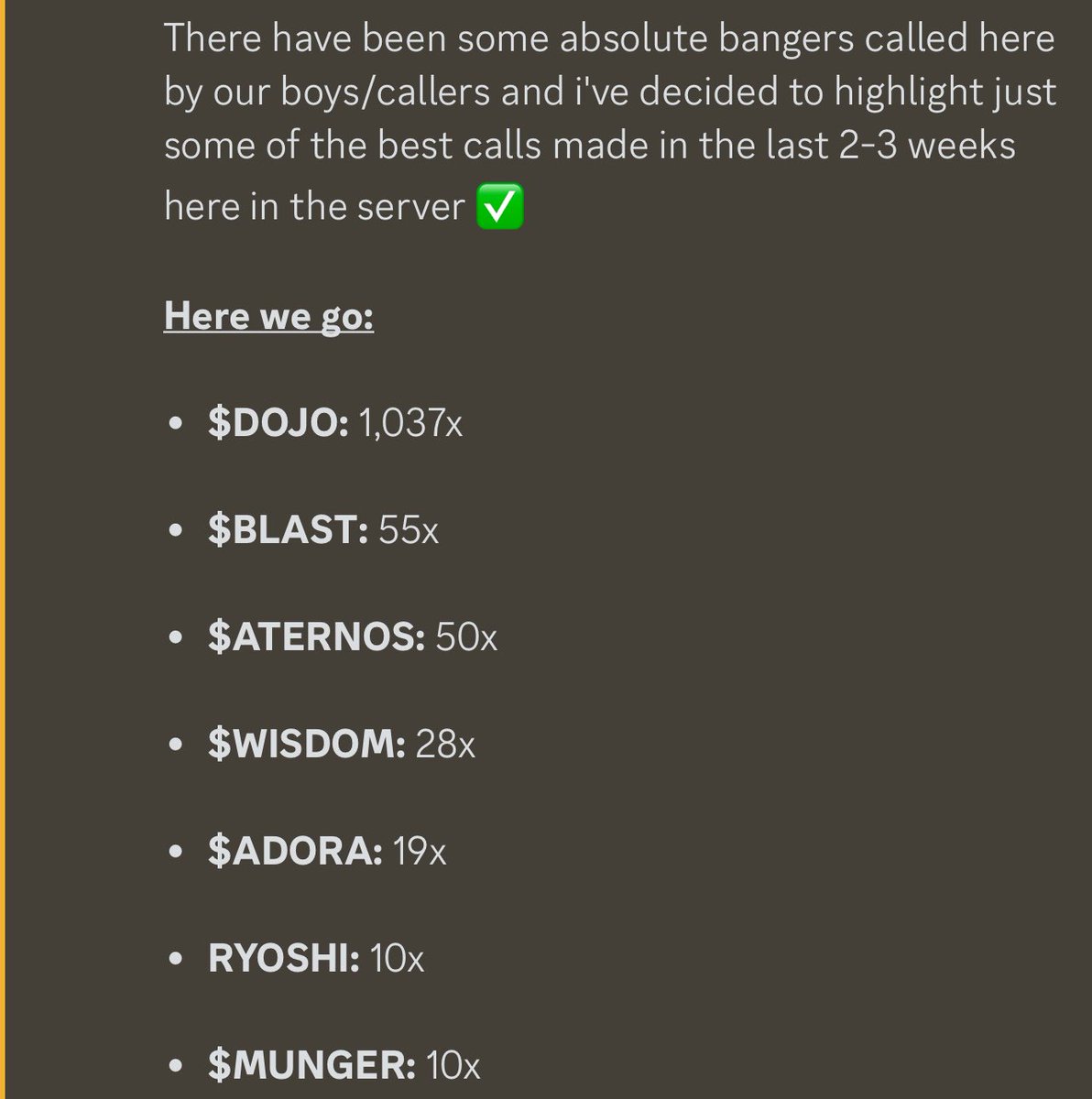 Here are just some of the calls that have been made in my private server in the past 2 weeks 📈

The Capitol goes crazy 💚