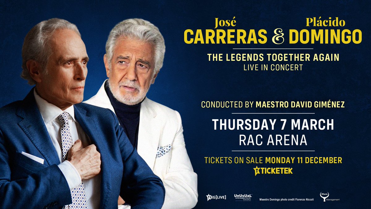 RAC Arena (@racarena) on Twitter photo This March, be swept away by the timeless magic of opera when the world’s two most revered classical icons José Carreras and Plácido Domingo touch down in #Perth!
Tickets on sale 11am AWST on Dec 11 via <a href="/Ticketek_AU/">Ticketek Australia</a> 👉 bit.ly/JosePlacido202…
#RACArena This March, be swept away by the timeless magic of opera when the world’s two most revered classical icons José Carreras and Plácido Domingo touch down in #Perth!
Tickets on sale 11am AWST on Dec 11 via <a href="/Ticketek_AU/">Ticketek Australia</a> 👉 bit.ly/JosePlacido202…
#RACArena