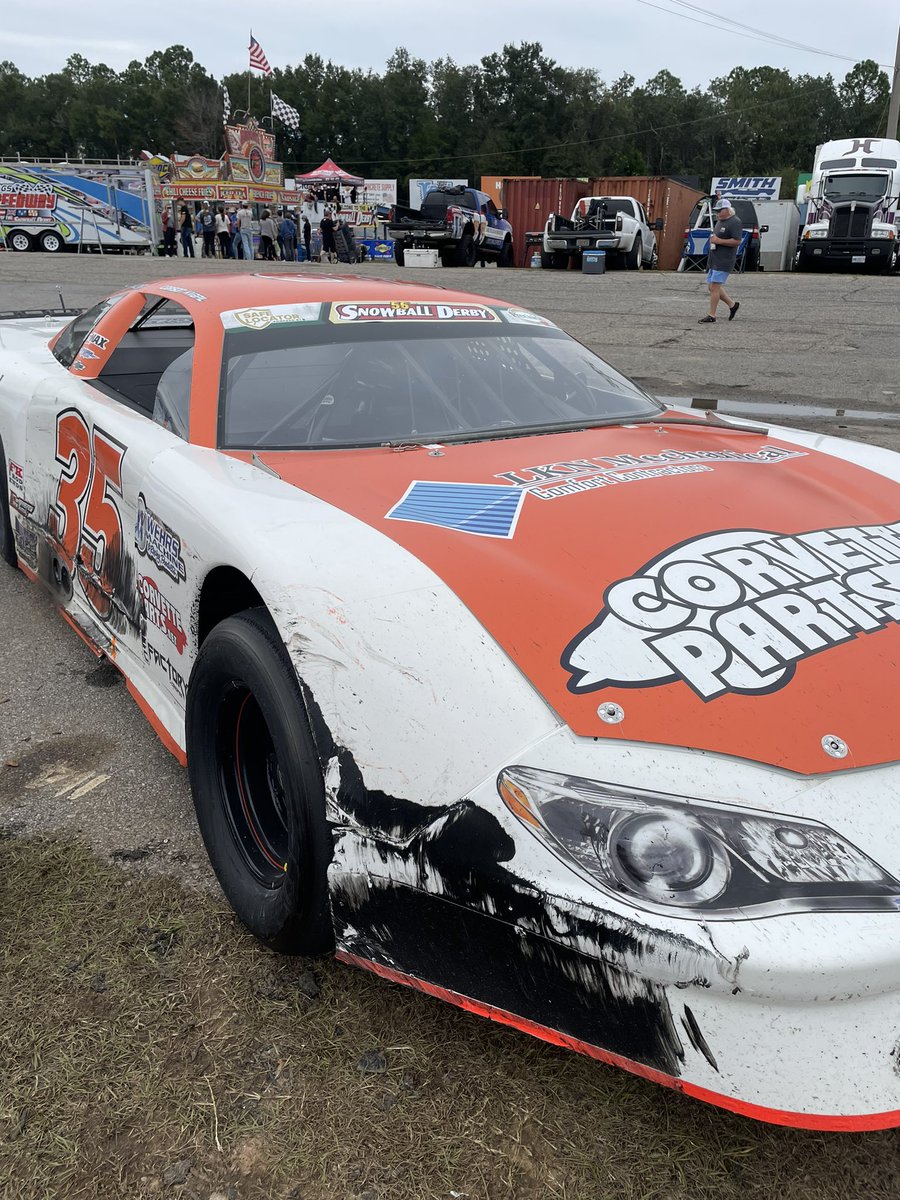 Tough pill to swallow. Process changed from pre race tech to post race. 1/8” wide front tread width after RF damage. Had a tough week, making multiple swings and thought we finally found some solid pace