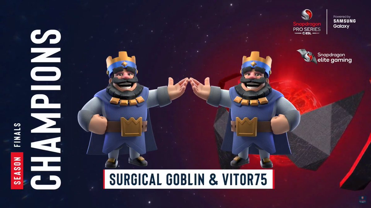 🏆 Congratulations to Your Season 4 Finals Champions!  👏

<a href="/SurgicalGoblin/">Surgical Goblin</a> 👑 <a href="/Vitor75u/">Vitor75 🇵🇹</a> 

🎙️ Thanks to our casters <a href="/JuicyJCR/">JuicyJCR</a>, <a href="/RichSlaton/">Rich Slaton 😎</a> and <a href="/Mini__CR/">Mini™️</a> and thank you <a href="/Snapdragon/">Snapdragon</a> for making it all possible! 

What a season! 🙌
#SnapdragonProSeries <a href="/EsportsRoyaleEN/">Clash Royale Esports</a>
