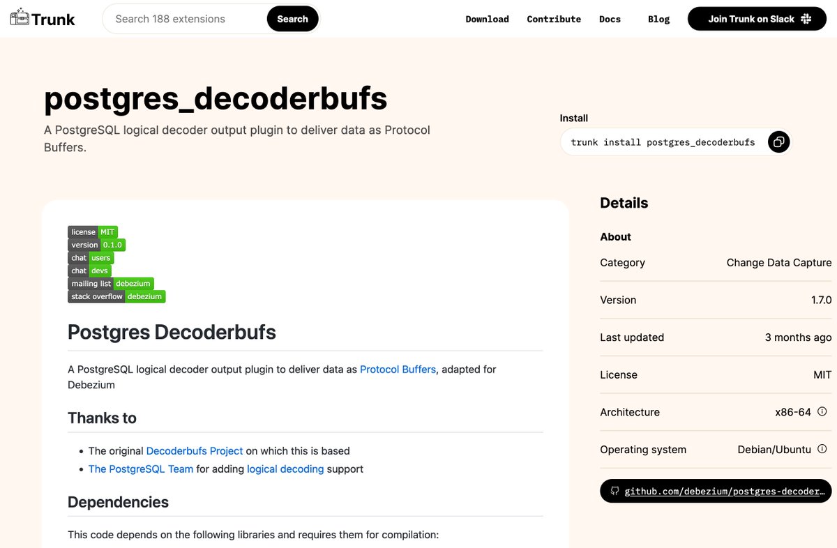 "Trunk is an open-source package installer and registry for PostgreSQL extensions"

This looks interesting, loving the idea of having a market place for publishing #Postgres extensions. #Debezium's decoderbufs logical decoding plug-in is there too!

pgt.dev