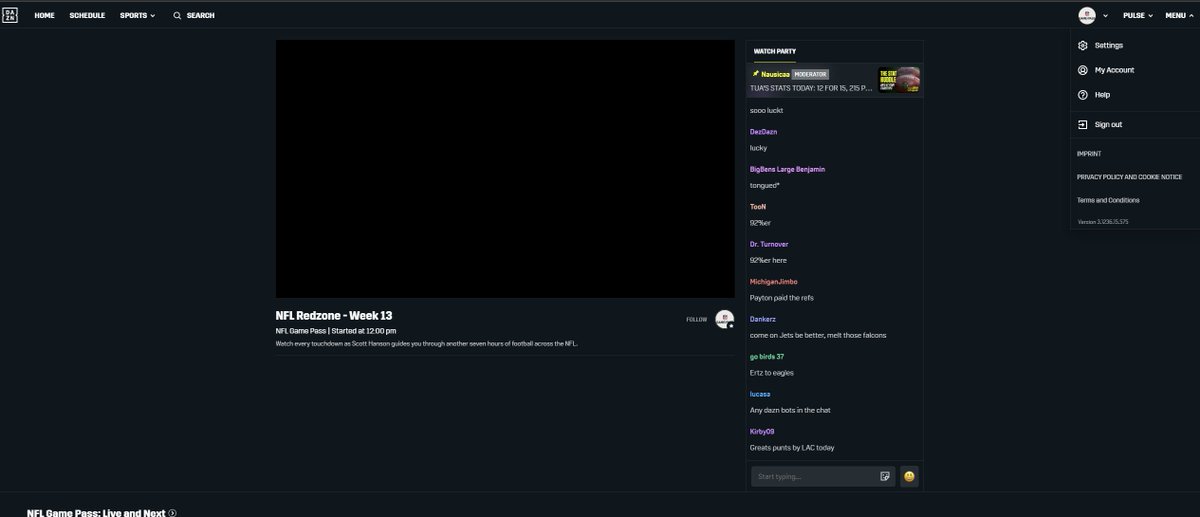 kingofspades33's tweet photo. .@NFLonDAZN having watch party on by default when watching on PC is terrible.  Can't turn it off either.  Just engaged your help chat about it and the only option is to maximize screen to ignore it.   Please add an option to turn this off. https://t.co/k8zPHSztK8