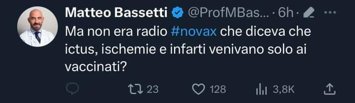 itsmeback_'s tweet photo. Dire che questo verme è malvagio, è limitativo.

Nessuno sano di mente pensa che i non vaccinati siano immortali.
Bassetti invece lo sottolinea.
Un autogol clamoroso che non fa altro che evidenziare una statistica.
Una statistica che non ha più bisogno che ci sia una notizia che la evidenzi poiché chiunque trae le sue conclusioni da quello che vede intorno a se nella vita reale.
Auguri di pronta guarigione al Prof. Meluzzi, un uomo che non ha mai avuto paura di difendere i suoi ideali.
A differenza dei più.

- Mauro Morosi