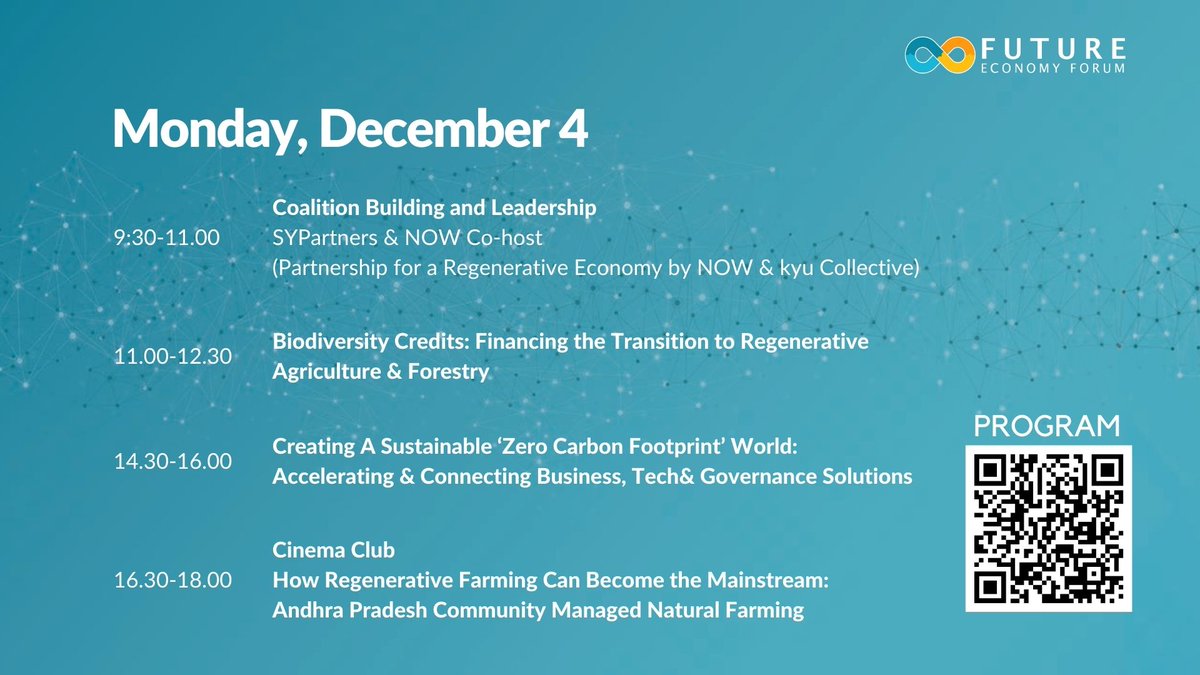 Dec 4th at the <a href="/FutureEconomy_/">Future Economy</a> Pavilion <a href="/COP28_UAE/">COP28 UAE</a> 
Partner sessions on #Coalition Building, #Biodiversity Credits, #ZeroCarbon Footprint, #Regenerative Ag and more: tinyurl.com/28fd99ha #COP28 #FutureEconomyForumCOP28
