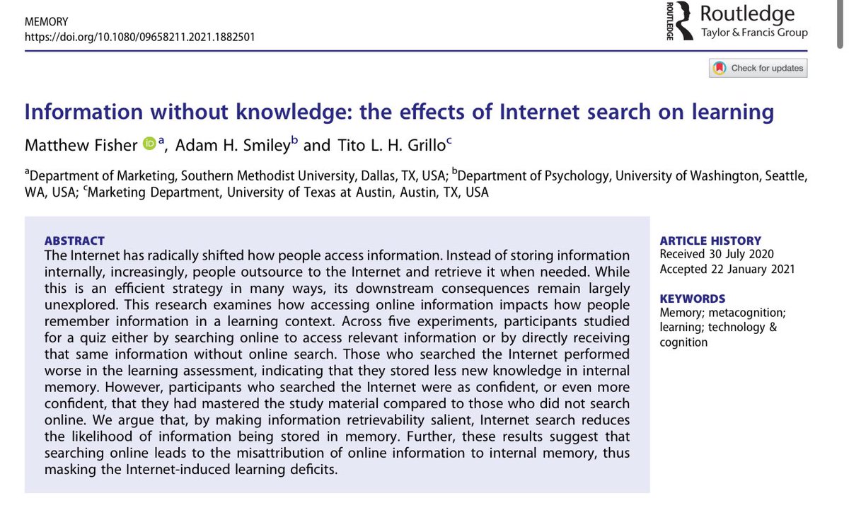 emollick's tweet photo. “Internet search can simultaneously induce learning deficits and prevent detection of these deficits.”

When you find info through search, you absorb it less because you mentally “outsource” learning, but the ease of the search makes you feel you learned. https://t.co/oK4YqjUyDd https://t.co/gjDKS9Xkqm