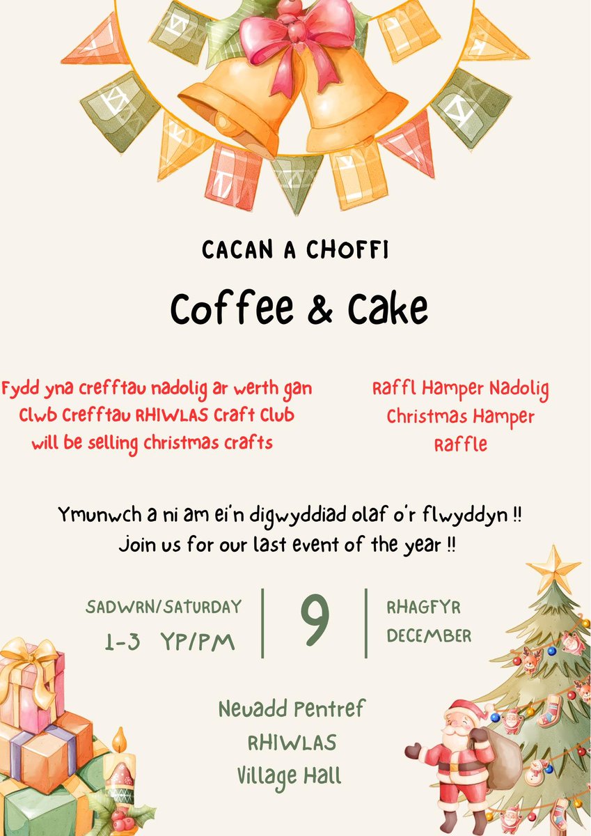 Dydd Sadwrn 9 Rhagfyr yn #NeuaddRhiwlas o 1yp tan 3yp, coffi a cacen a crefftau Nadolig ar werth!  Dewch yn llu!

Come on over to #NeuaddRhiwlas Saturday 9 December from 1-3pm for coffee and cake, and Christmas crafts for sale!