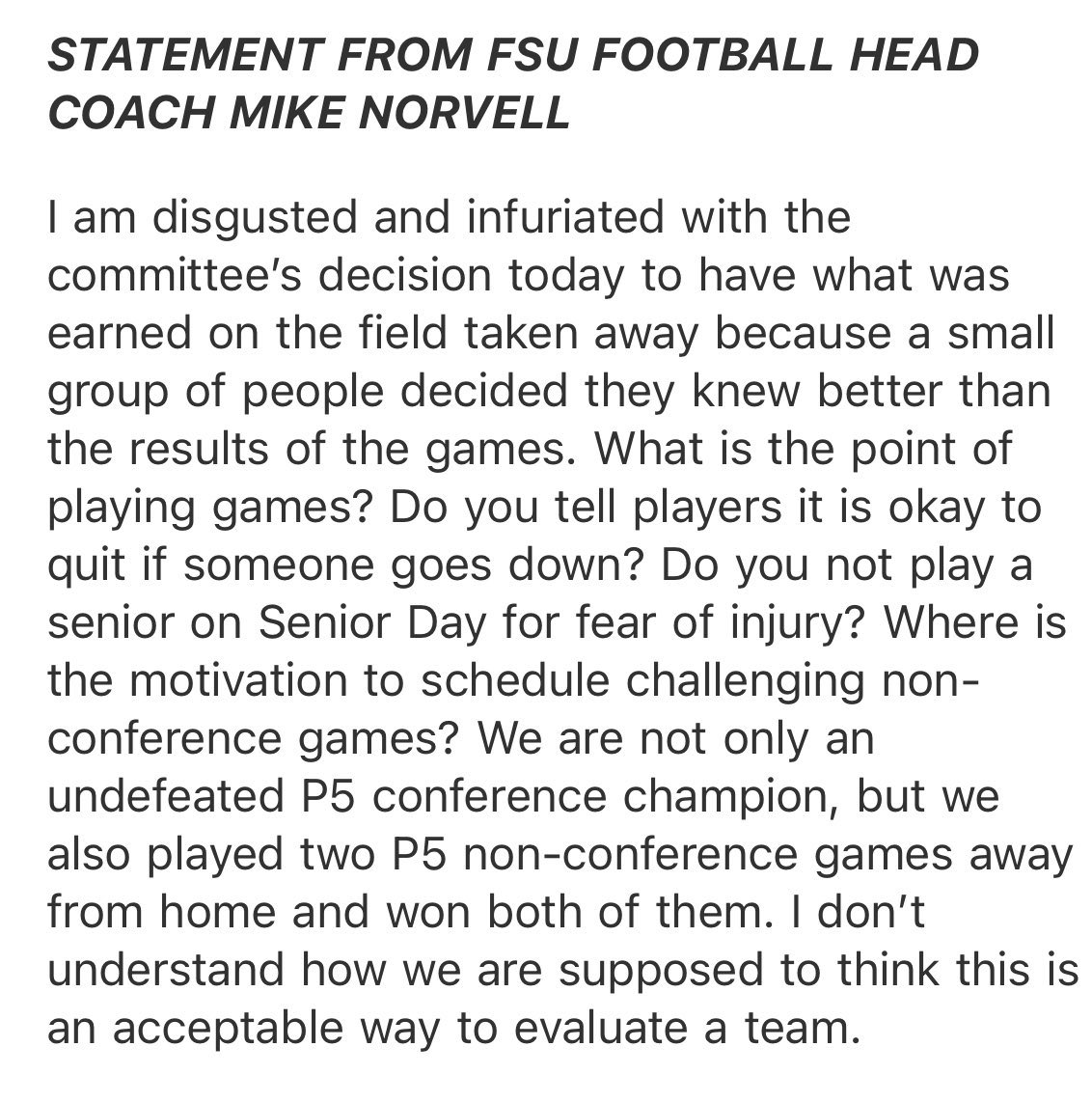 He is 100% right.   This isn't a Bama or Texas issue.   This is a committee issue.  Nuts and Bolts FSU got screwed.   What's the point of even playing the games?  Luckily this is the last year of this madness