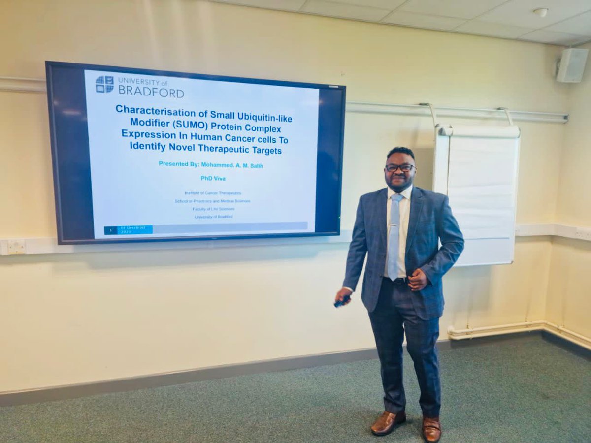 I have successfully Defended and passed my PhDthesis. My PhD thesis was focused on “ Characterisation of Small Ubiquitin-like Modifier (SUMO) Protein Complex Expression In Human Cancer cells To Identify Novel Therapeutic Targets”. 
@Harsha_NeuroLab @ICT_Bradford @RWilliamsonLab