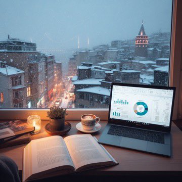 SeFSeR's tweet photo. Her gün daha iyi sonuçlar üretiyor Microsoft Designer Prompt: A perfect snowy evening outside the window with a view of the Istanbul Galata Tower, a Microsoft Power BI report on my HP EliteBook 1040 G9 laptop, an open book on the table, I am reading and enjoying Turkish coffee https://t.co/gGS8qlrTXX