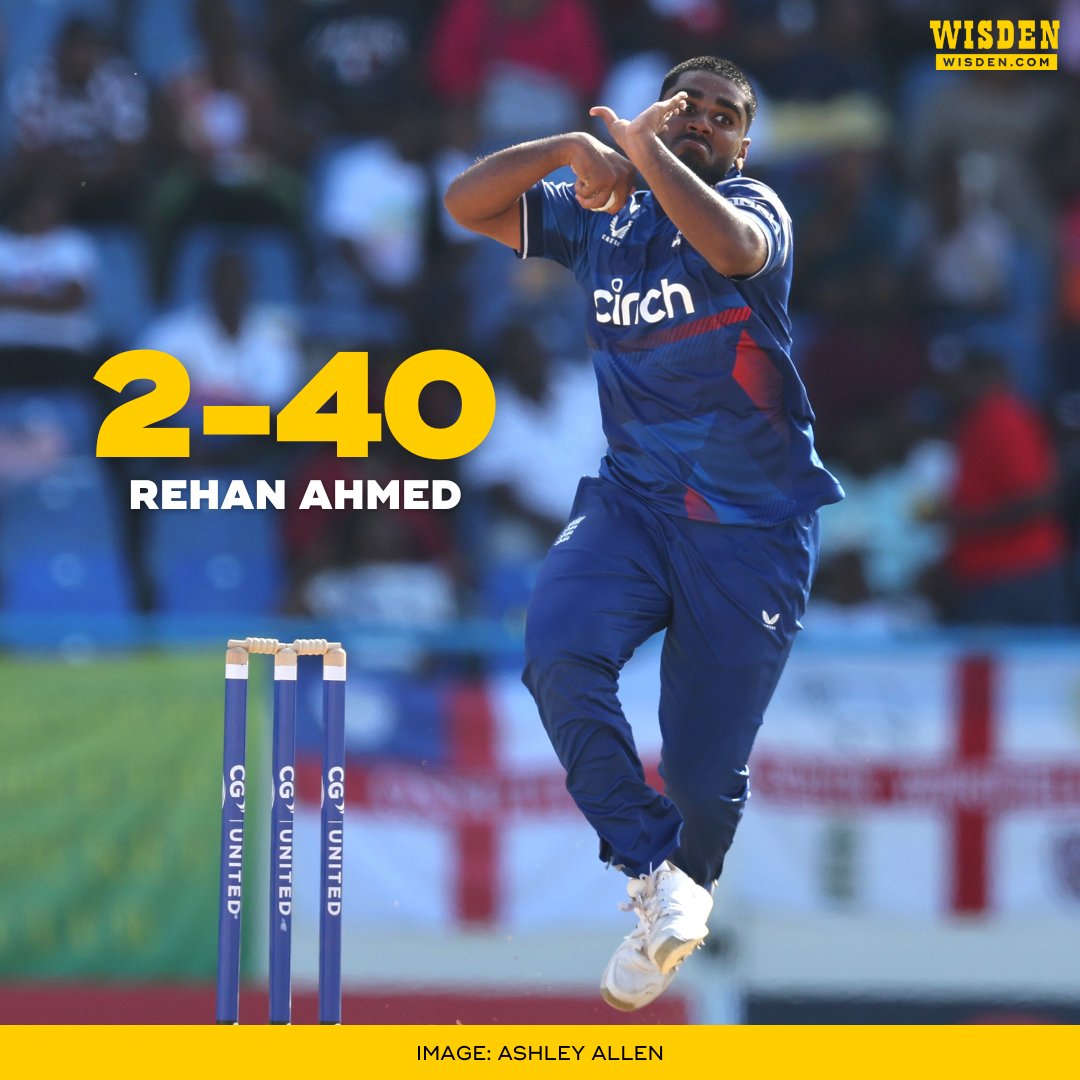 - 10 overs
- 33 dot balls
- 40 runs
- 2 wickets

An excellent display with the ball from Rehan Ahmed 🌟

#WIvENG