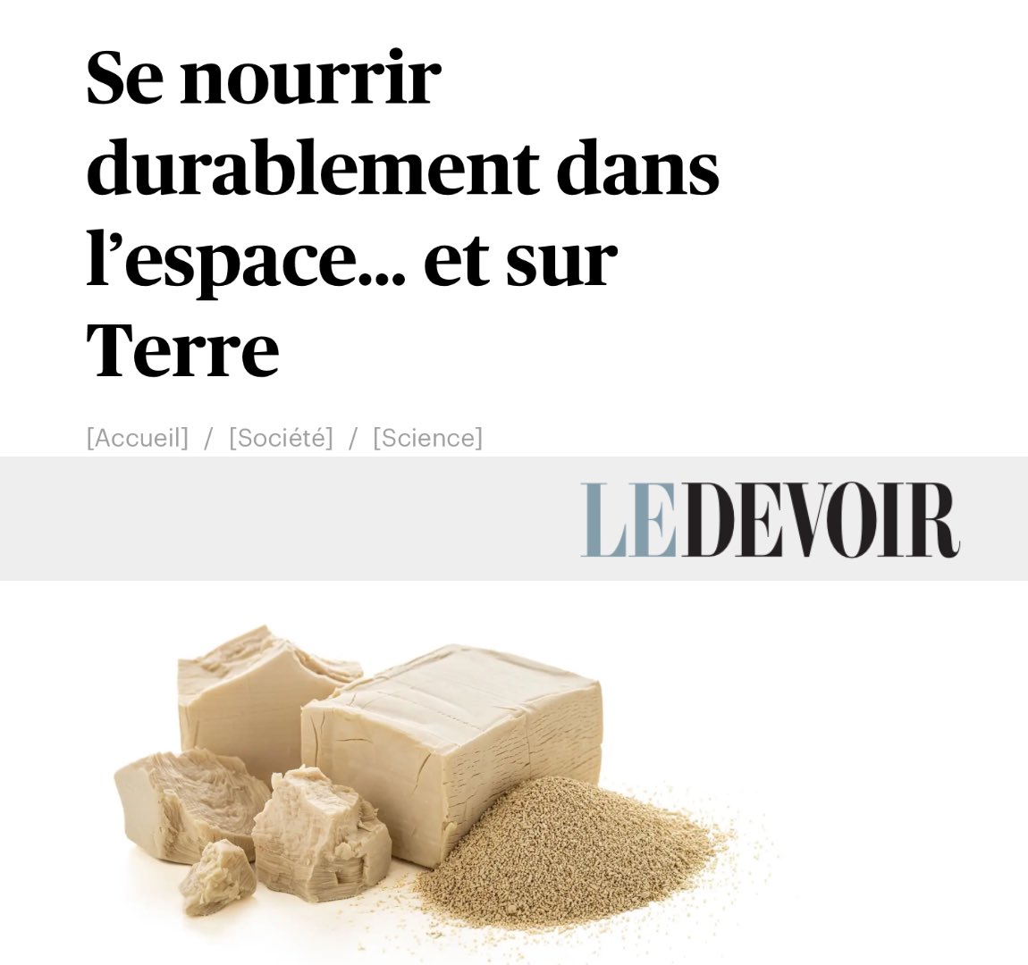 AstroYeast's tweet photo. Consultez notre article en Le Devoir! Lien- https://t.co/JKyWj0MNeh?
@Concordia @SynBioAppsCU @DeepSpaceFood #spaceyeast #spacefood https://t.co/Dlzb0EIWHj