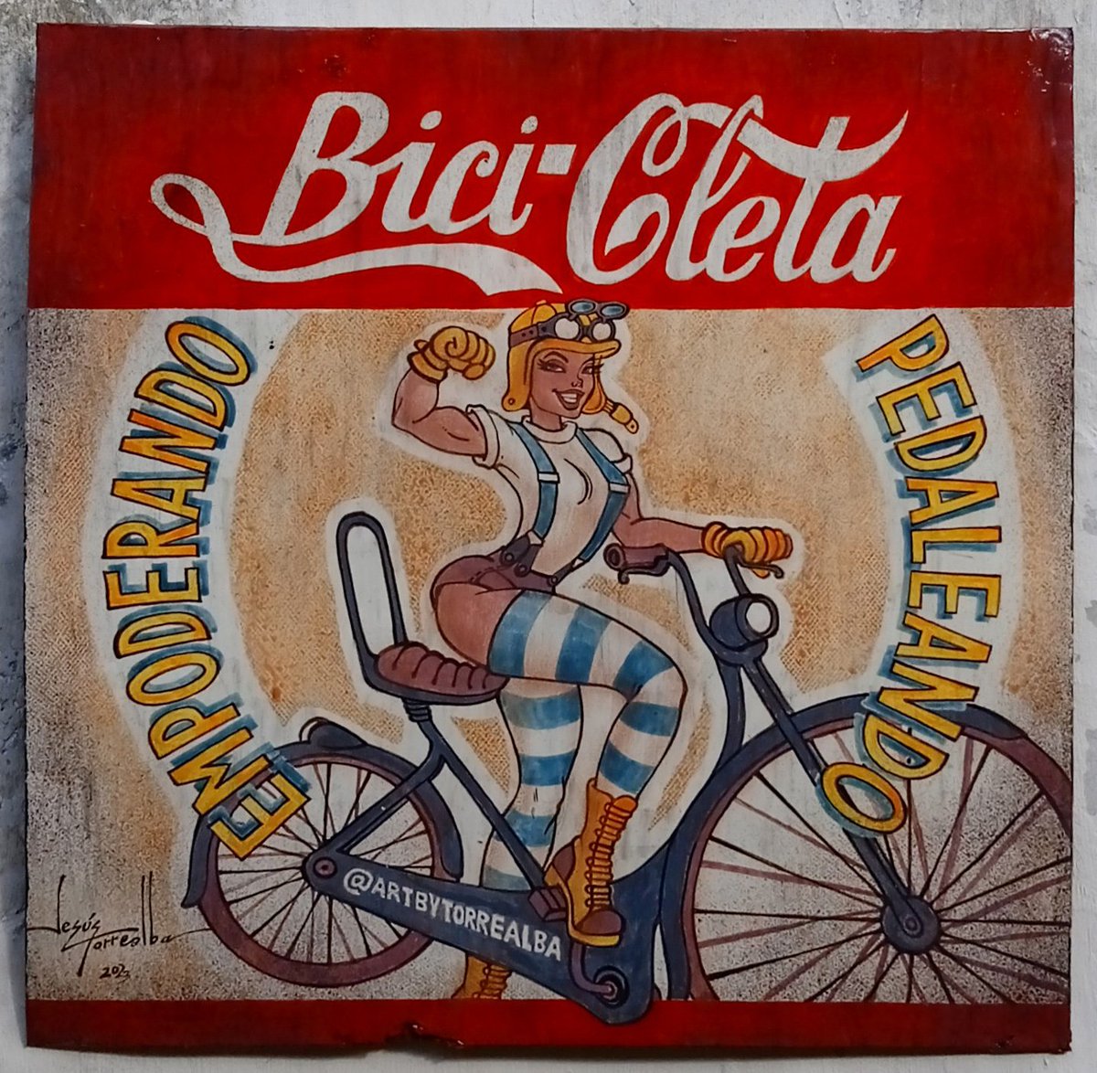 Bici-Cleta cartel promocional retro pinup, 2023, acrílico sobre latón, 55 x 55 cm #retroart #retropinup #traditionalart #bikergirl #artbytorrealba #oldschoolart #artbytorrealba