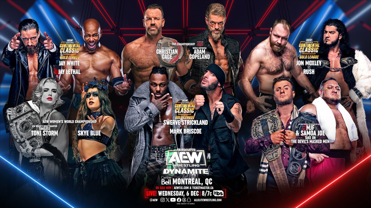 Don't miss an EPIC #AEWDynamite THIS WEDNESDAY LIVE 8/7c TBS! TNT Champ @Christian4Peeps vs. @RatedRCope, Champ @The_MJF teams with @SamoaJoe to take on the Devil's Masked Men, Women's Champ Toni Storm vs. @SkyeByee plus #AEWContinentalClassic GOLD LEAGUE continues! 🔥