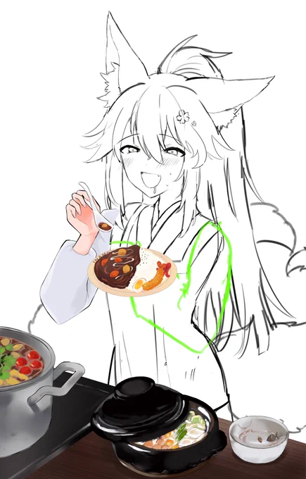 割烹着の稲守サクヤさんのイラスト、100日カレーさんイメージの差分を追加しています。何だよこれ。稲守絵巻