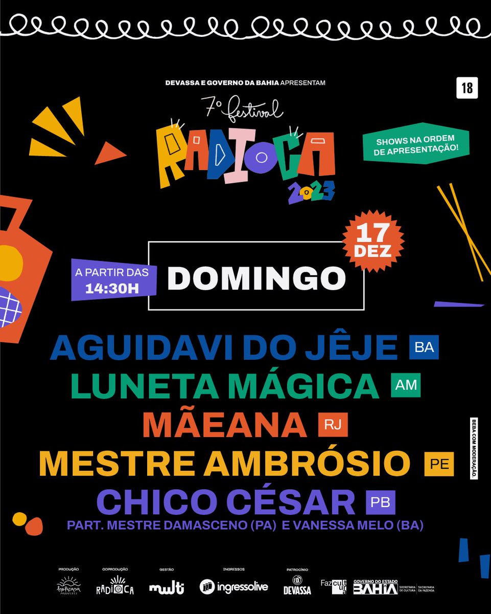 Programação por dia do 7º Festival Radioca com a ordem dos shows! E aqui a gente bate pé: o Radioca quer ser a música que você ainda vai ouvir. Se proponha a experimentar! A gente aposta que você vai gostar de muito mais coisa do que “aquela” atração que te anima a vir pro evento