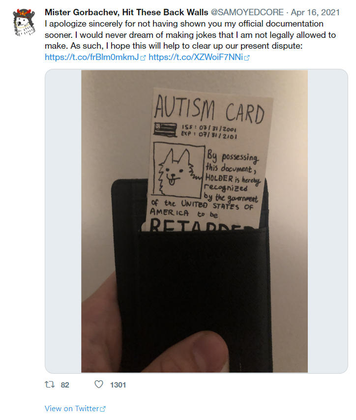 SAMOYEDCORE's tweet photo. getting the idea for the autism card and racing to scrawl it out was one of the most thrilling 5 minutes i've experienced online https://t.co/by7gAJzs3J