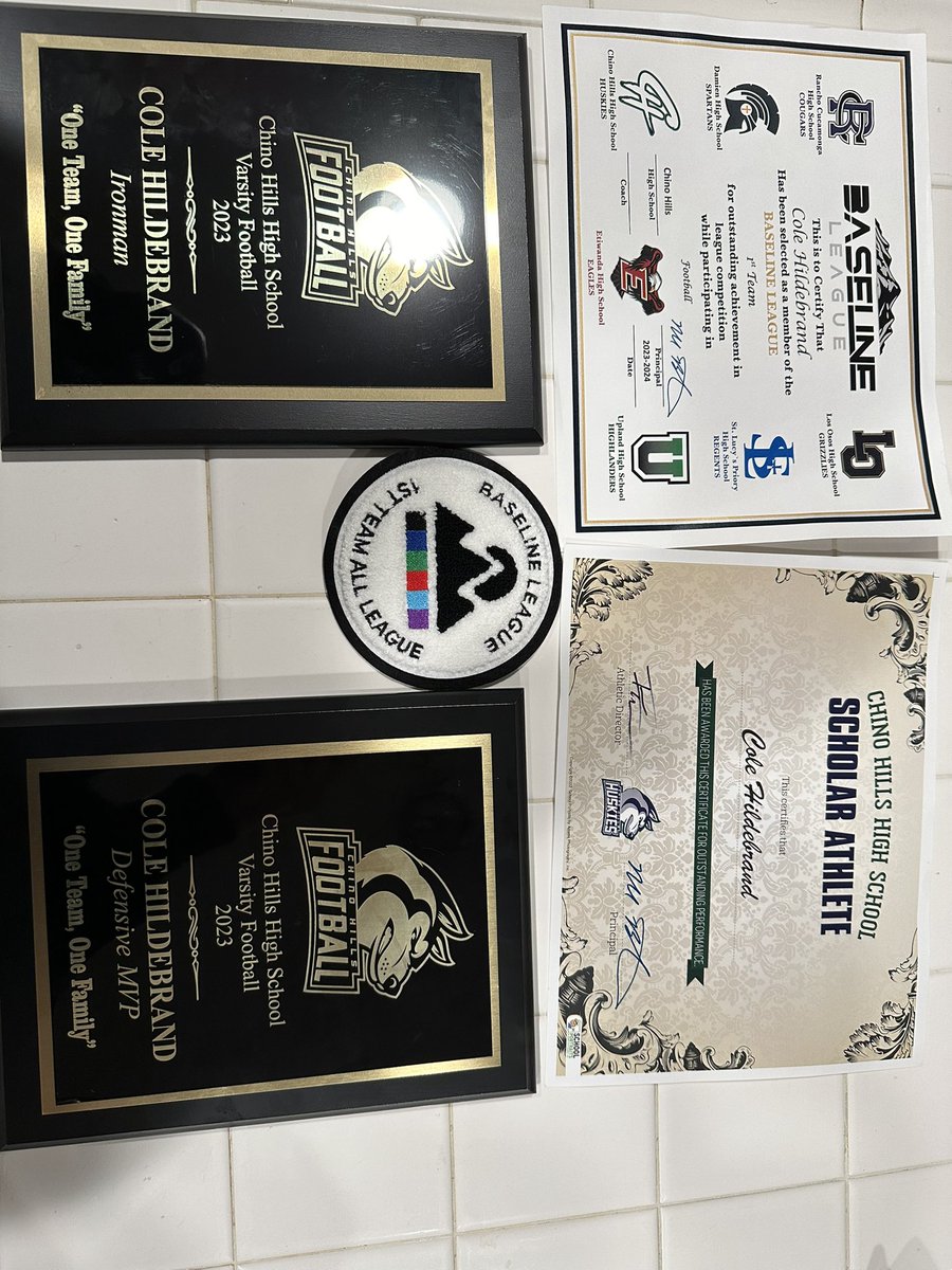 colehildebrand1's tweet photo. After a great senior season I am excited and blessed to announce that I received a scholar athlete award, First Team all Baseline league, Defensive MVP and the Ironman award @ChinoHills_FB @TEAMHUSTLEFTBL @DannyLockhartS1 @coach_calles @TCU35 @k2mjohns @OGMacDC @CoachKyleCooper https://t.co/iIZ2azCNQF