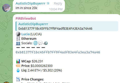 Jobless_DAO's tweet photo. Another cook by @AutisticDipBuy 
$LUCIA 20k -> 140k x7 https://t.co/VdOFKW2Chz