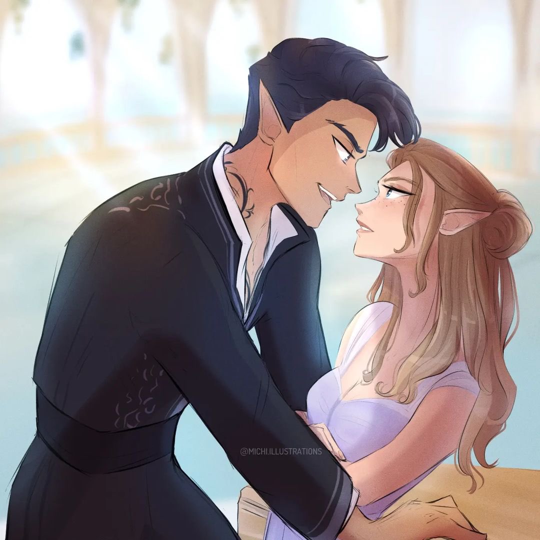 “Rhys prowled closer, and I steadied myself for his scent, his warmth, the impact of his power. He braced a hand on either side of me, gripping the dresser. I refused to shrink away.”

⤞ Art by michi.illustrations