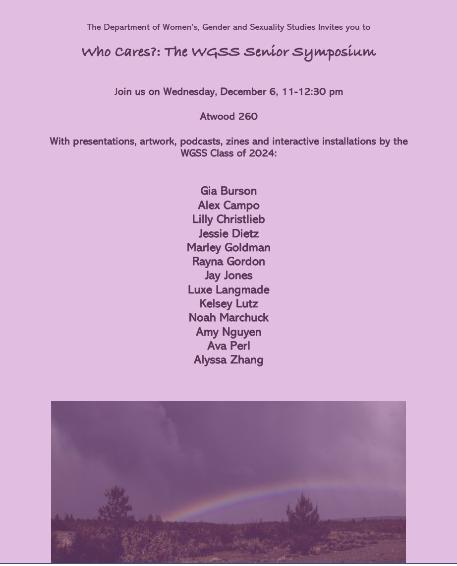 emory_wgss's tweet image. Join our WGSS senior Symposium on Dec 6, 11-12:30 pm, at Atwood 260 to learn from our seniors’ presentations, artwork, podcasts, zines and interactive installations! ✨🗣️

#emorywgss #wgss #seniorstudents #wgssymposium