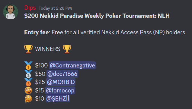 DipsPoker's tweet photo. We had a good tourney for today's weekly poker tourney.

Congrats to @PlutoMike1 @dee71666 @Morbidalchemist @JoethePlum Sehzii https://t.co/kRPuVuRyTI