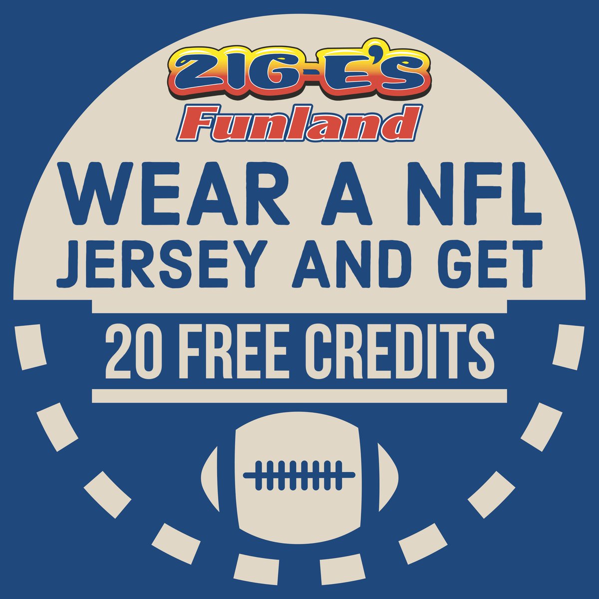 Zigesfunland's tweet photo. Happy NFL Sunday! 

Here at Zig-E’s Funland we love football! If you wear a football jersey, you will receive 20 free arcade credits! 

This deal only works on Sundays, so the next time you stop by at Zig-E’s Funland make sure you wear a jersey! 

#ZigesFUN #NWI #Footballszn https://t.co/pFpwUFD4w0