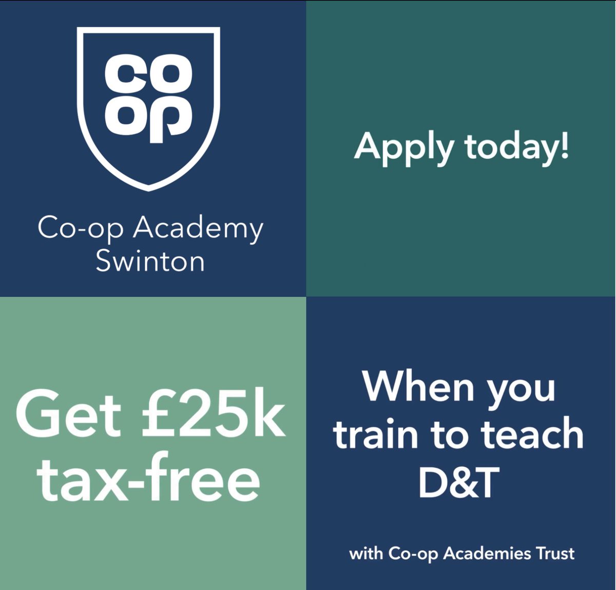 Great news for @CoopAcademies where, once again, we have shown our commitment to recruiting our trainee teachers! 
Darren (D&T) with @Coopacademy has been successful in securing an ECT position with @zarinaali172 @swintoncoop for Sept 24. This is what #succeedtogether looks like!
