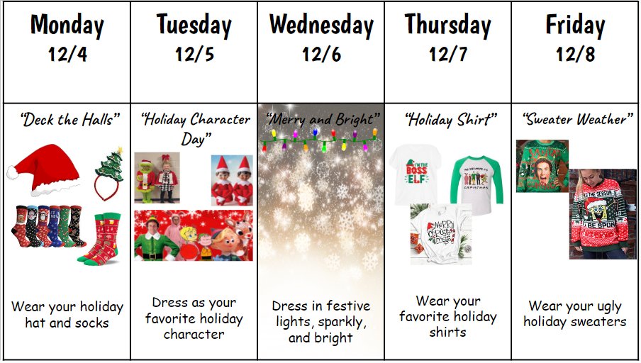 We have 12 instructional days before the next holiday break, and we plan to make every minute count! Join us  in the dress-up days listed below. Make sure to read this week's Details From The Den!
English version: smore.com/bmgv2w-details…
Spanish version: smore.com/3sqya-detalles…