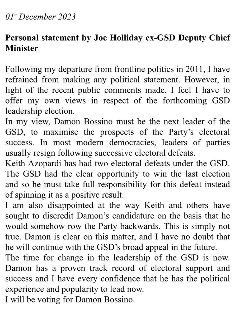 Grateful to Joe Holliday, former Deputy Chief Minister in Sir Peter Caruana’s government, for his support in my bid for the leadership of the GSD