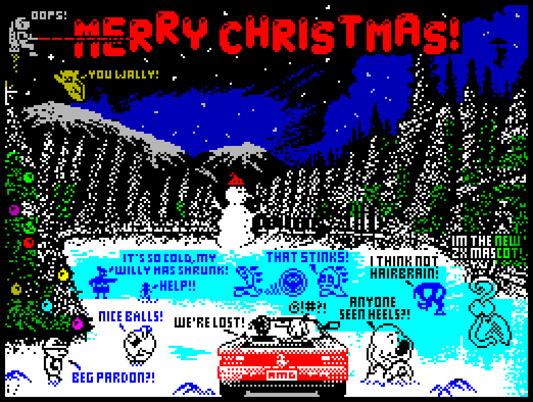 AndyMGreen68's tweet photo. It's December! Time for a new ZX Spectrum festive screen, featuring various game characters. Recognise them?  Please feel free to share this. Hope you all like it!  #christmas2023 #zxspectrum #festiveseason #retro #pixelart #retrogaming https://t.co/390bM6iptq