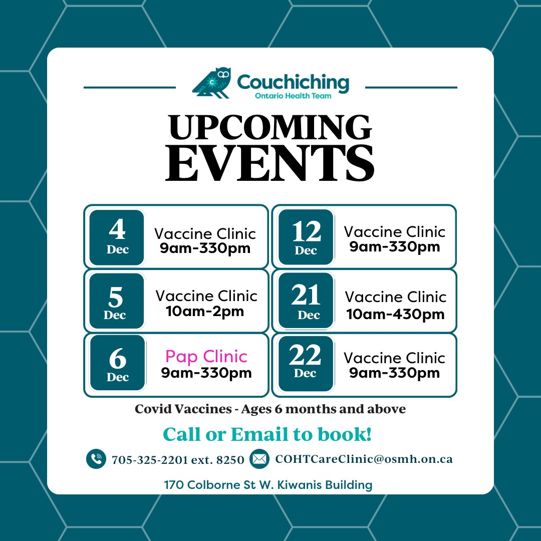 Check out these dates for upcoming clinics at📍The COHT Care Clinic, 170 Colborne St W. 

📞 705-325-2201 ext. 8250
📧 COHTCareClinic@osmh.on.ca 

#OHTs #AccessToCare #Couchiching
