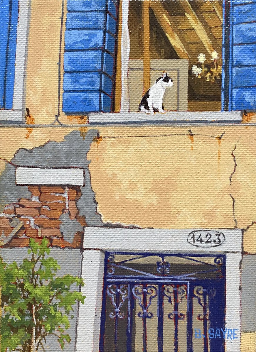 billsayreart's tweet image. My last commission of 2023!  This 5x7 was a gift to a couple who captured this wonderful scene on a trip to Venice, Italy. There's a lot going on inside this small canvas! #BillSayreArt #SmallWorks #WindowCat #NCart #NCpainting