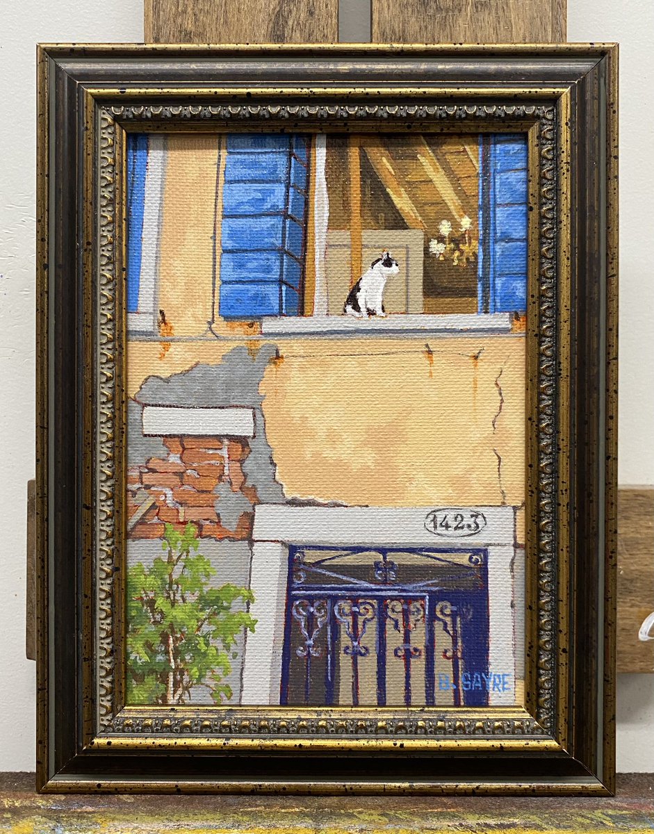 billsayreart's tweet image. My last commission of 2023!  This 5x7 was a gift to a couple who captured this wonderful scene on a trip to Venice, Italy. There's a lot going on inside this small canvas! #BillSayreArt #SmallWorks #WindowCat #NCart #NCpainting