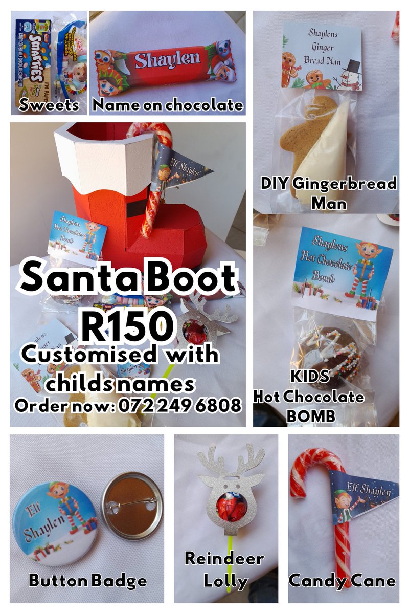 DezinerCC's tweet photo. Santa Boot kiddies customized gift box R150, R50 courier within JHB.
Whatsapp 072 249 6808 to place your order.
#KIDDIESGIFT #CHRISTMAS #CHRISTMASGIFT #KIDDIESCHRISTMAS #JHB #SANTA #SANTABOOT #JHB #JOHANNESBURG https://t.co/WaMZXEiApZ