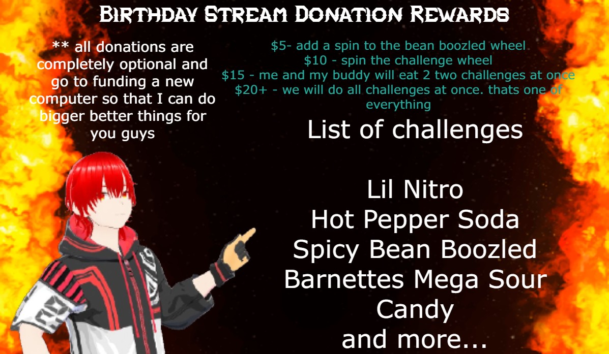 Big stream on my birthday December 13th here are some of the more notable challenges but we will have more than this come watch me and my friend torture ourselves live on stream!
Share this with your friends spread the word! 
twitch.tv/apollodesapphir