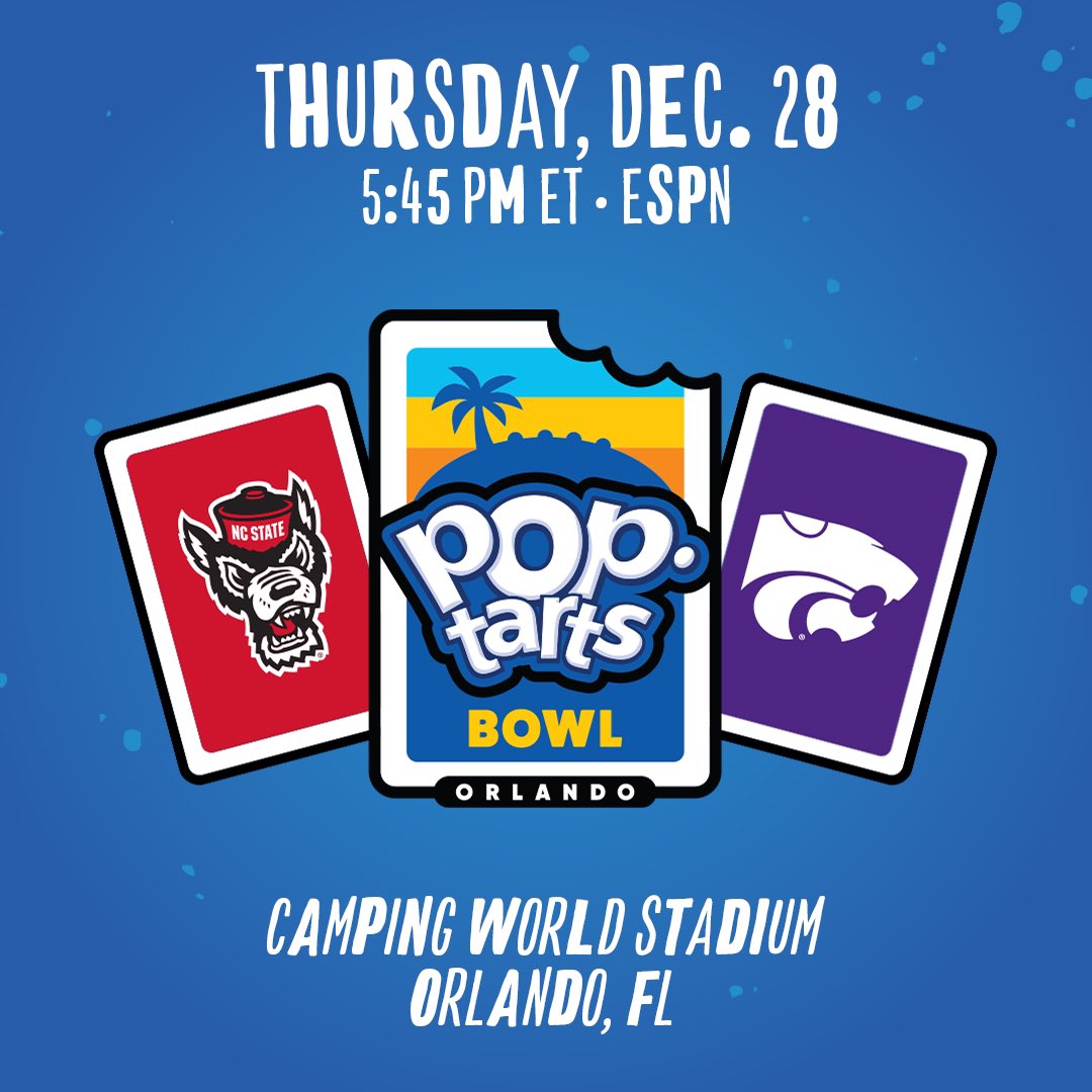 Pop-Tarts Bowl (@poptartsbowl) on Twitter photo Our matchup is set and it's 𝓒𝓡𝓐𝓩𝓨 𝓖𝓞𝓞𝓓!
<a href="/PackFootball/">NC State Football</a> will face <a href="/KStateFB/">K-State Football</a> at 5:45 p.m. on Dec. 28 in Orlando! #PopTartsBowl
🎟️: PopTartsBowl.com/Tickets Our matchup is set and it's 𝓒𝓡𝓐𝓩𝓨 𝓖𝓞𝓞𝓓!
<a href="/PackFootball/">NC State Football</a> will face <a href="/KStateFB/">K-State Football</a> at 5:45 p.m. on Dec. 28 in Orlando! #PopTartsBowl
🎟️: PopTartsBowl.com/Tickets