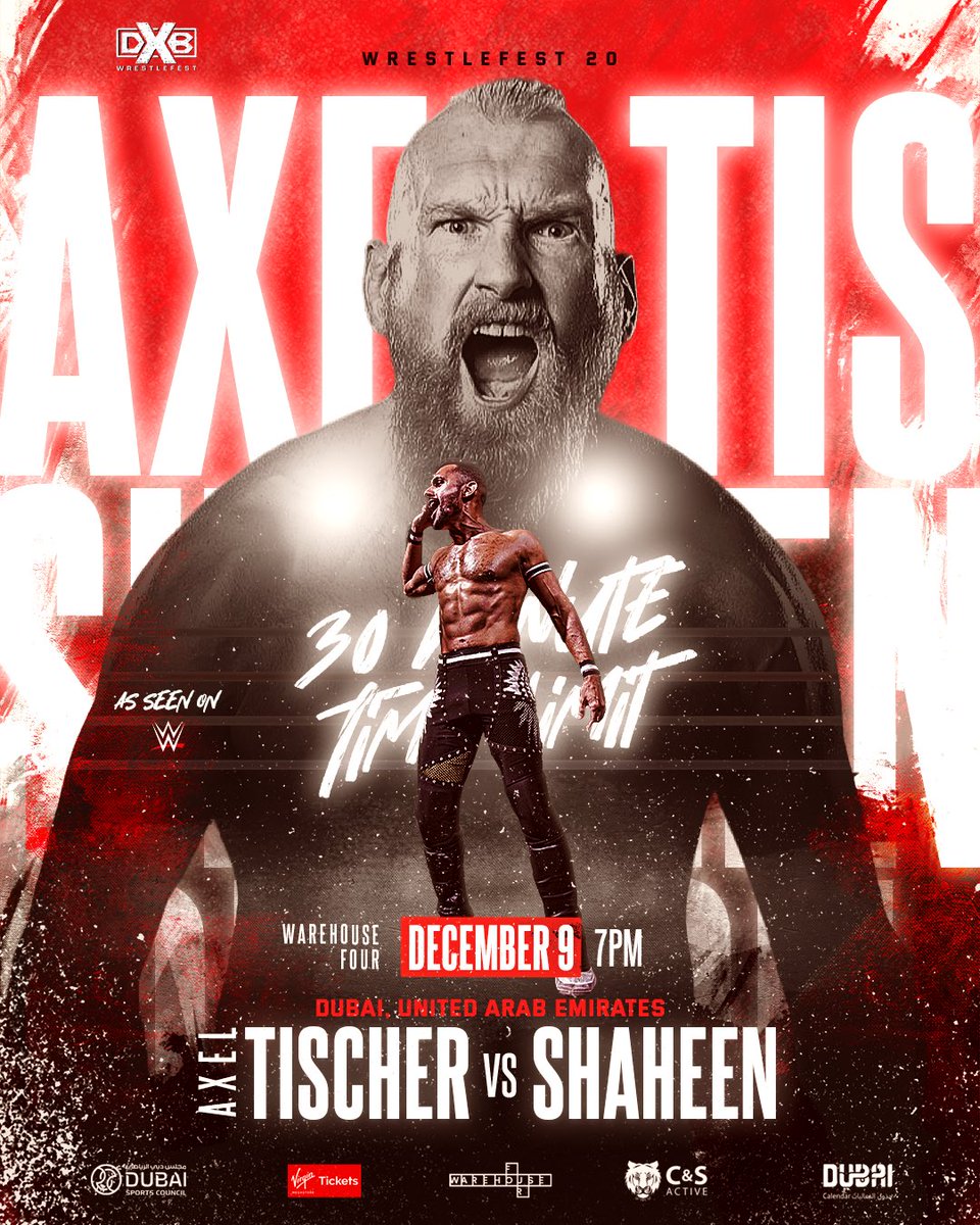 WrestleFestDXB's tweet photo. 🚨 A celebration of 20 unforgettable shows - and you’re front and center for this marquee match! @axeman3016 

Witness the clash between the seasoned Axel Tischer and the newly unleashed Shaheen in his FIRST singles match back from the NJPW DOJO 🚀!

🎫 https://t.co/H0lhKUe8r0 https://t.co/SrbnPFOCF7