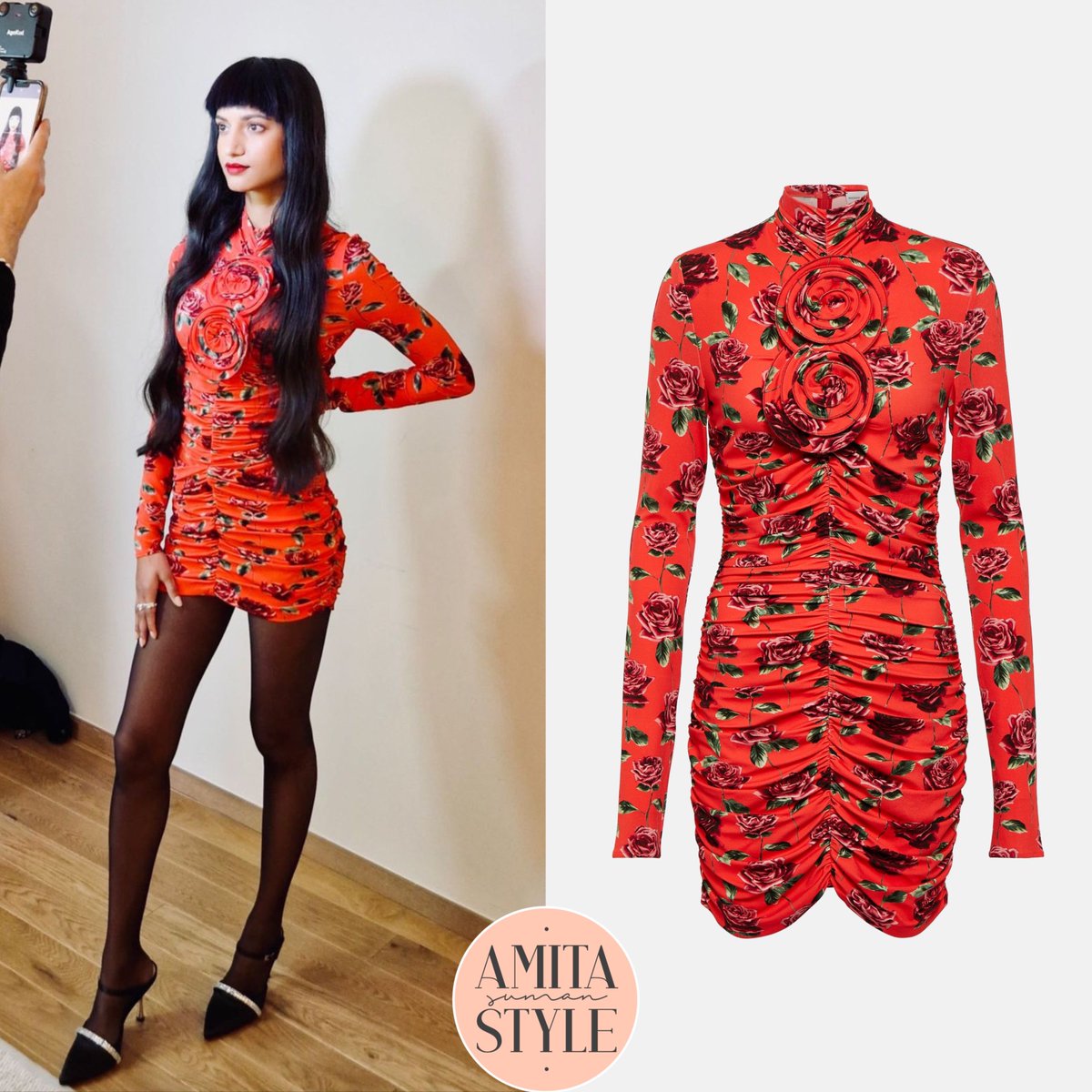 AmitaSumanStyle's tweet photo. Amita Suman wore the #MagdaButrym ‘Floral Appliqué Ruched Minidress’ (£1,520) and the #CharlesAndKeith ‘Demi Embellished Pointed-Toe Mules’ (£125) attending an intimate luncheon with Pandora. https://t.co/IAH7KUxvbW