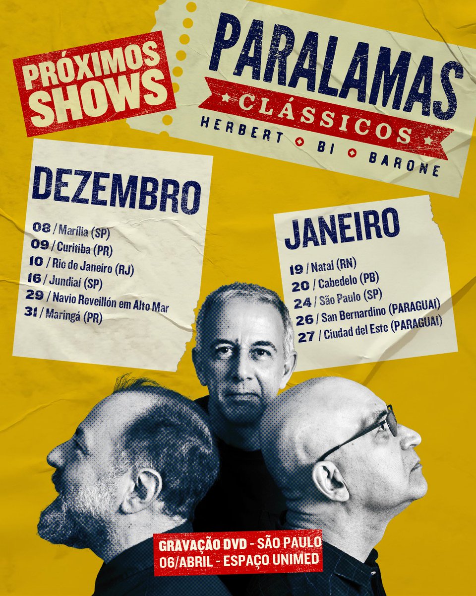 os_paralamas's tweet photo. Bora finalizar 2023 e começar o próximo ano a todo vapor?
Confere só a nossa agenda de shows pra dezembro e janeiro. 
Quem aí vai estar com os Paralamas em algum desses shows?

Ingressos e informações: https://t.co/3dNrHHd4cI https://t.co/qC9YPZD7Ji
