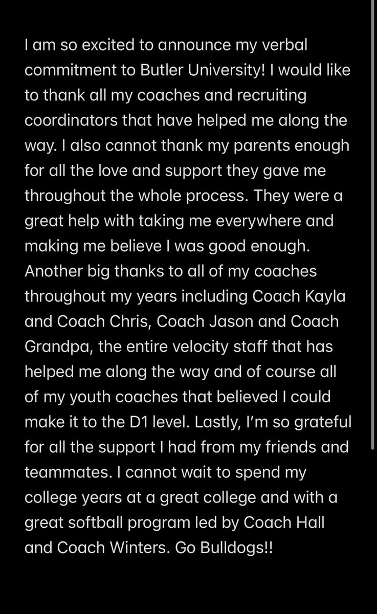 BUTLER BOUND!! 🐾🤍

<a href="/Velo_Softball/">Velocity Softball</a> <a href="/Velocity16uNat/">Velocity 18U National</a> <a href="/BUsoftballcoach/">Scott Hall</a> <a href="/CoachMalWinters/">Mallory Winters</a> <a href="/ButlerSoftball/">Butler Softball</a> <a href="/ProductionsW7/">W7 Productions 🏀🥎🏐⛳️🏈</a> <a href="/jotto3131/">Jason Otto</a>