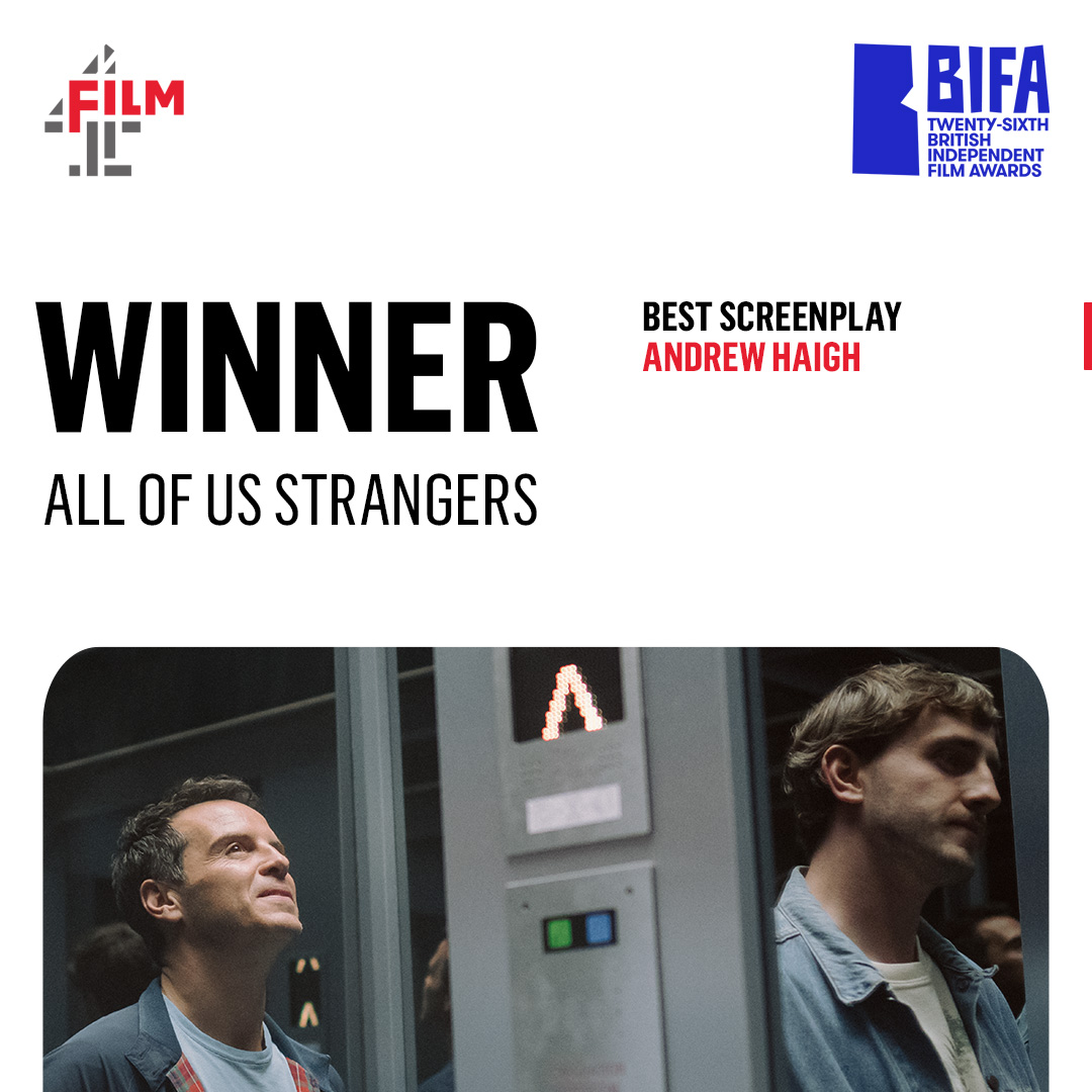 Film4's tweet photo. Andrew Haigh wins Best Screenplay for his beautifully unsettling tale, All of Us Strangers #BIFA2023 https://t.co/RPuLImc3Qd