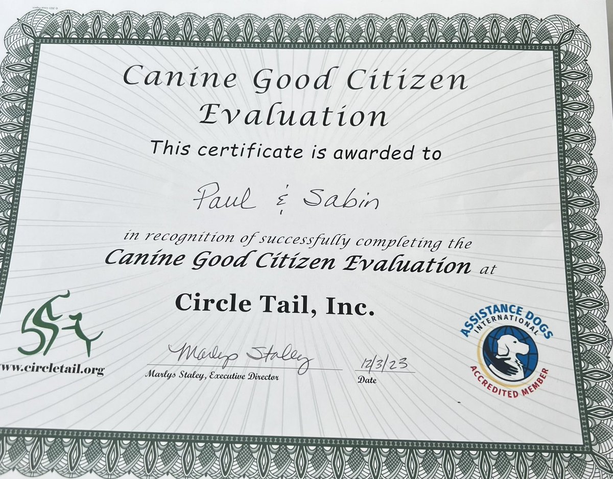 It’s official Sabin is 2/2 on the Canine Good Citizenship test.  Thanks to all the <a href="/Milford_Schools/">Milford Schools</a> handlers, students, and staff that keep his training up while at Milford Junior High - @MjhToddwells <a href="/MJHS_Goetz/">Misty Goetz</a> @MJHS_Ferguson <a href="/circletail/">Circle Tail, Inc.</a>