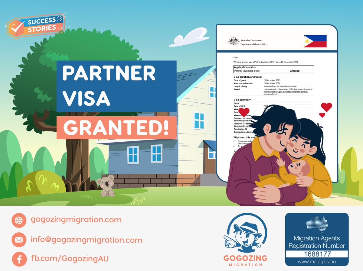 We would like to congratulate our client who received her Partner (subclass 801) visa grant.

Read more: facebook.com/gogozingAU

#GogozingMigration #PartnerVisa #AustralianVisaApplication #AustralianVisaGrant #AustraliaPRvisa #RegisteredMigrationAgent #VisaPathway