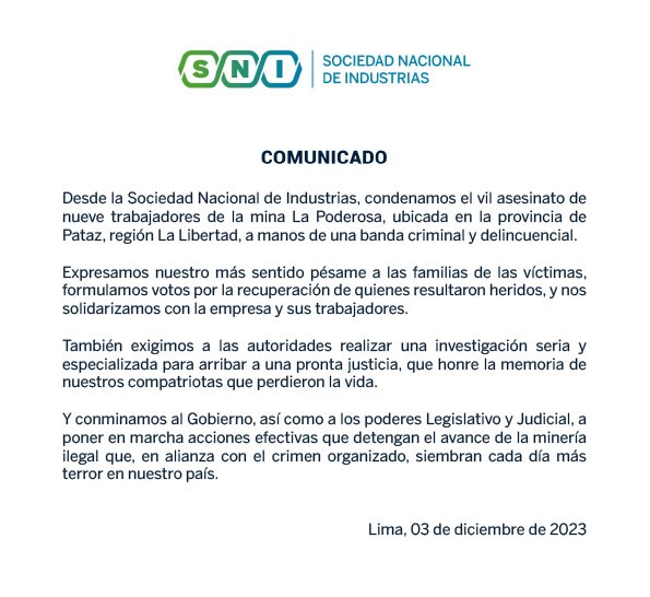 SNIndustrias's tweet image. 📌 Pronunciamiento de la Sociedad Nacional de Industrias ante atentado criminal en la mina #LaPoderosa, donde una banda de delincuentes asesinó a nueve compatriotas.