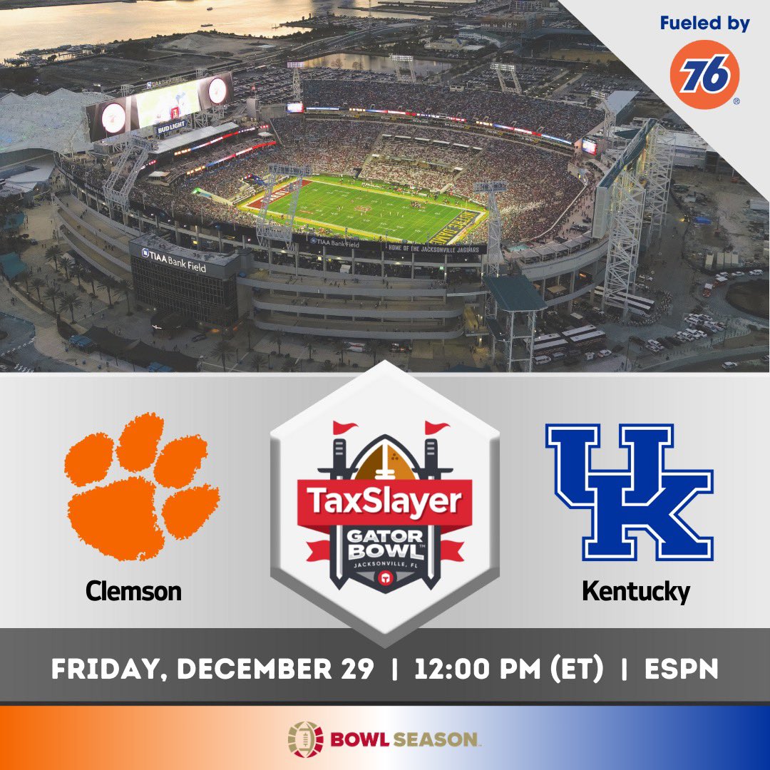 BowlSeason's tweet photo. 🚨IT’S OFFICIAL🚨@ClemsonFB will face @UKFootball in the @taxslayerbowl 

#BowlSeason #ExplorePage https://t.co/CqtIpzPcZc